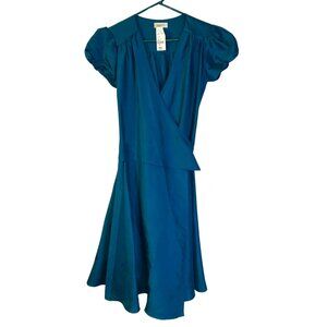 Barneys NY Women's Twirly Silk Wrap Dress Size XS NEW Teal Flared Puff Sleeves